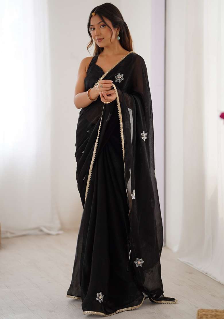 Black Gota Patti Silk Saree Set - Indya