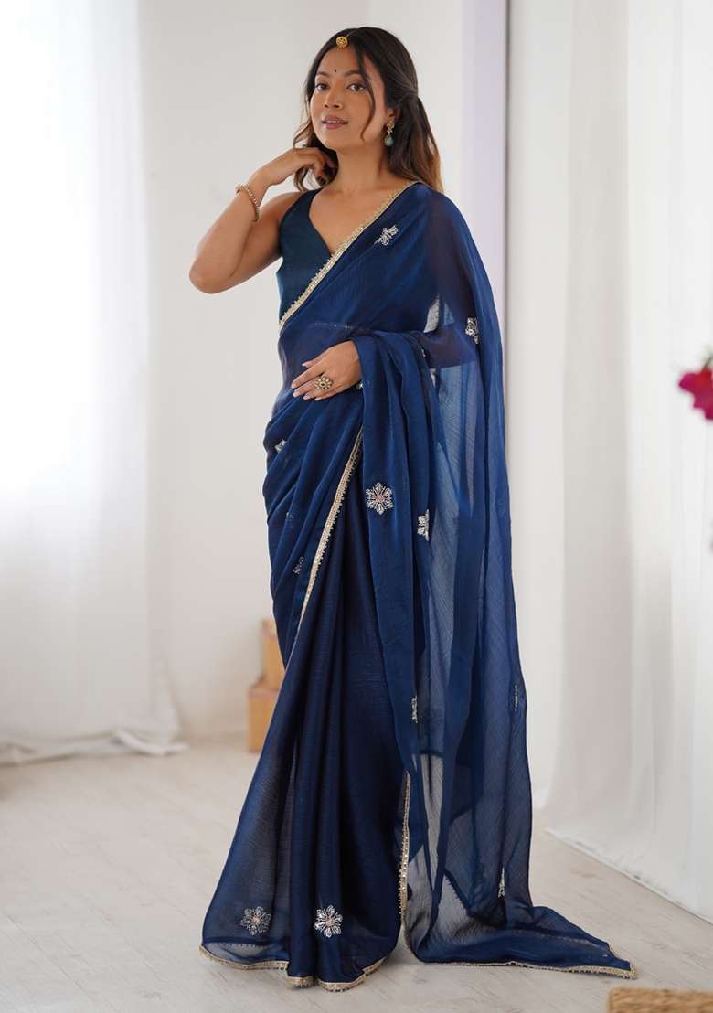 Blue Gota Patti Silk Saree Set - Indya