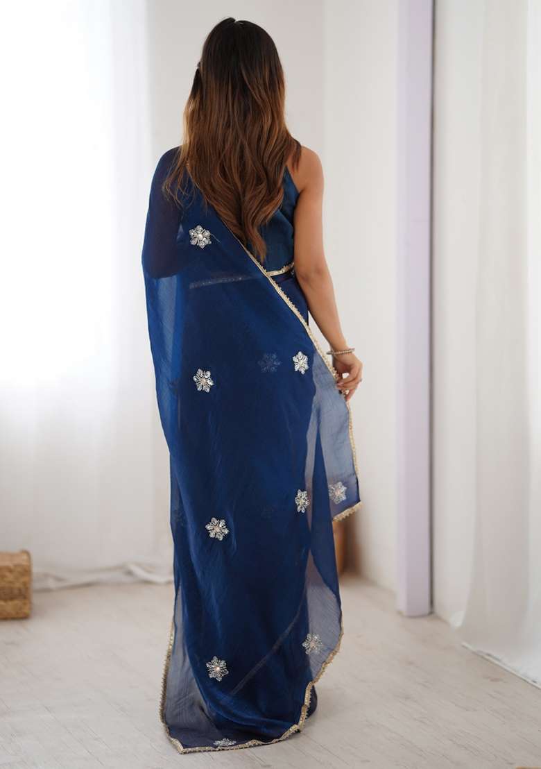 Blue Gota Patti Silk Saree Set - Indya