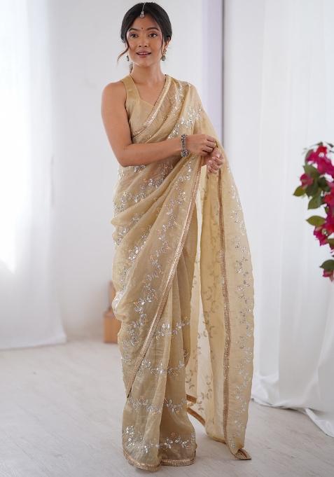 Beige Gota Patti Organza Saree Set