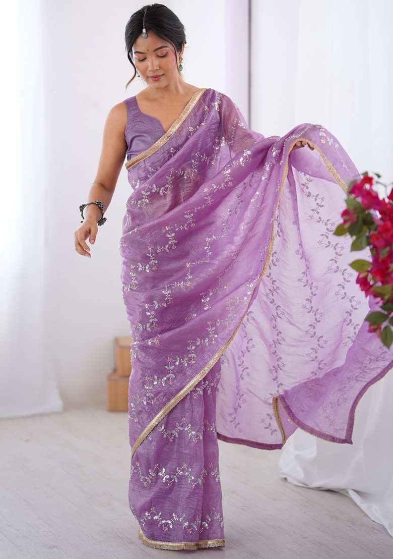 Lavender Gota Patti Organza Saree Set for Diwali and Festive Wear - Indya