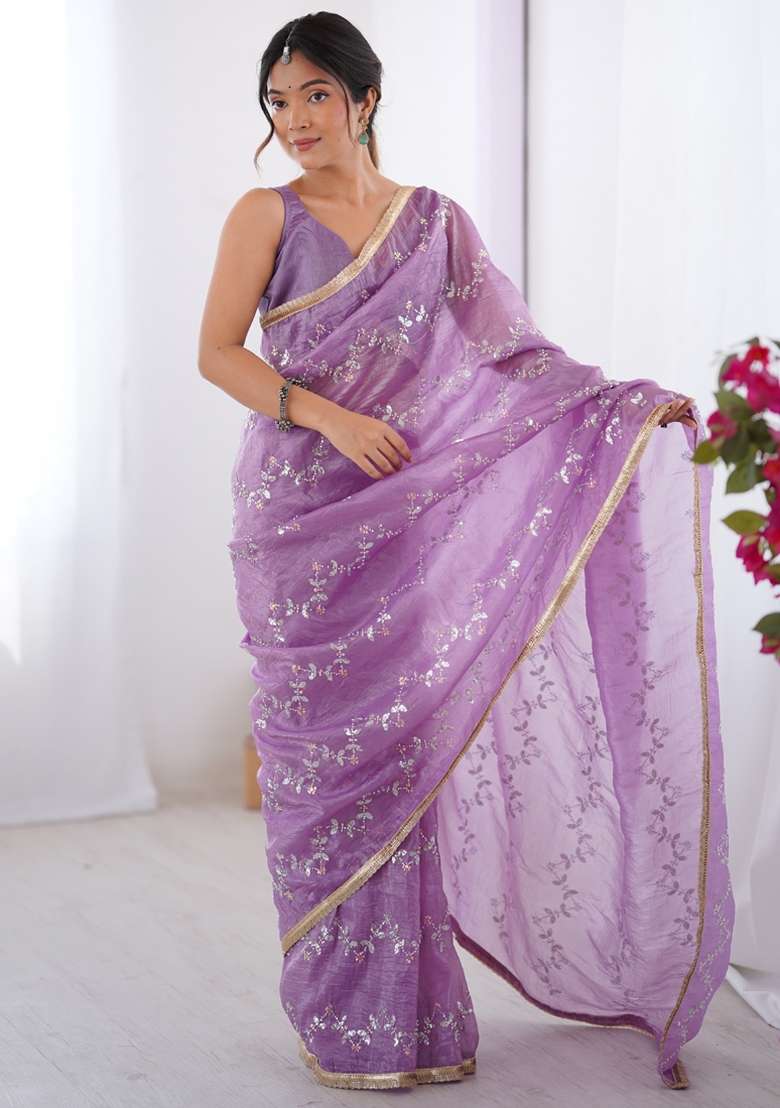 Lavender Gota Patti Organza Saree Set for Diwali and Festive Wear - Indya