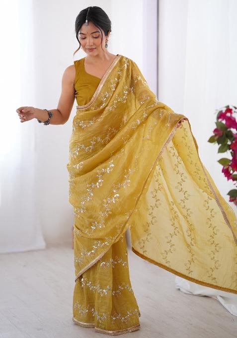 Mustard Gota Patti Organza Saree Set