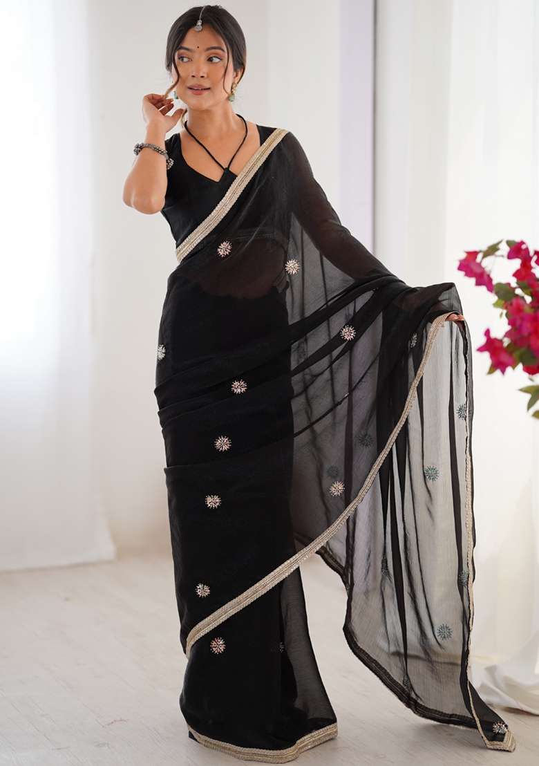 Black Gota Patti Silk Blend Saree Set for Diwali and Festive Wear - Indya