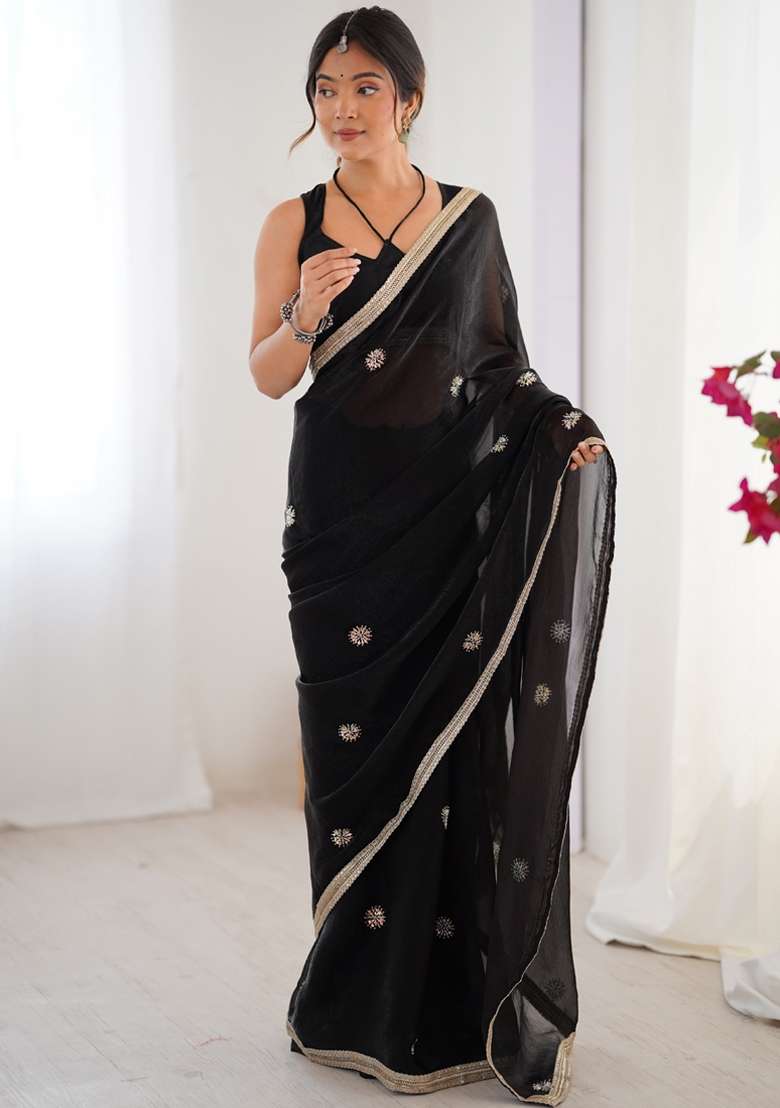 Black Gota Patti Silk Blend Saree Set for Diwali and Festive Wear - Indya