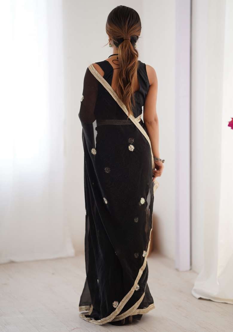 Black Gota Patti Silk Blend Saree Set for Diwali and Festive Wear - Indya