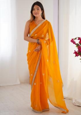 Yellow Gota Patti Silk Blend Saree Set