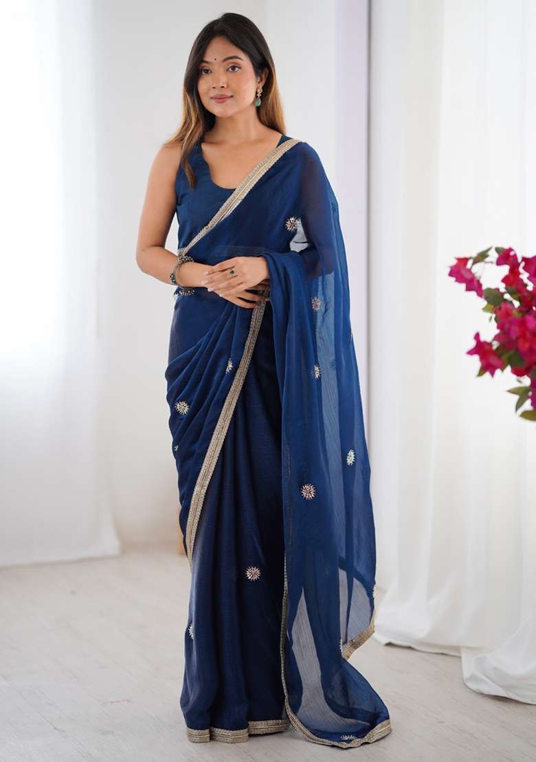 Blue Gota Patti Silk Blend Saree Set for Diwali and Festive Wear - Indya