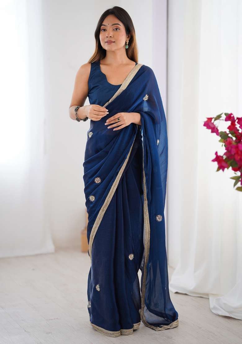 Blue Gota Patti Silk Blend Saree Set for Diwali and Festive Wear - Indya