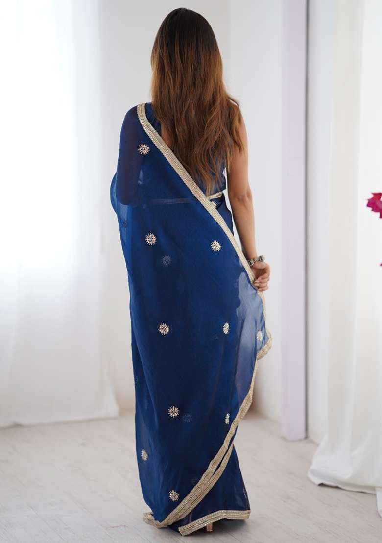 Blue Gota Patti Silk Blend Saree Set for Diwali and Festive Wear - Indya