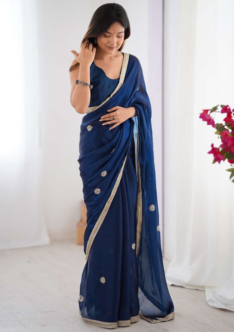 Blue Gota Patti Silk Blend Saree Set for Diwali and Festive Wear - Indya