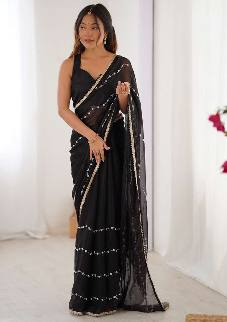 Black Gota Patti Silk Blend Saree Set for Diwali and Festive Wear - Indya