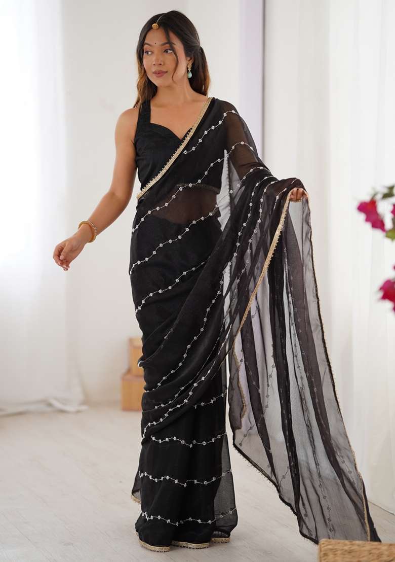 Black Gota Patti Silk Blend Saree Set for Diwali and Festive Wear - Indya