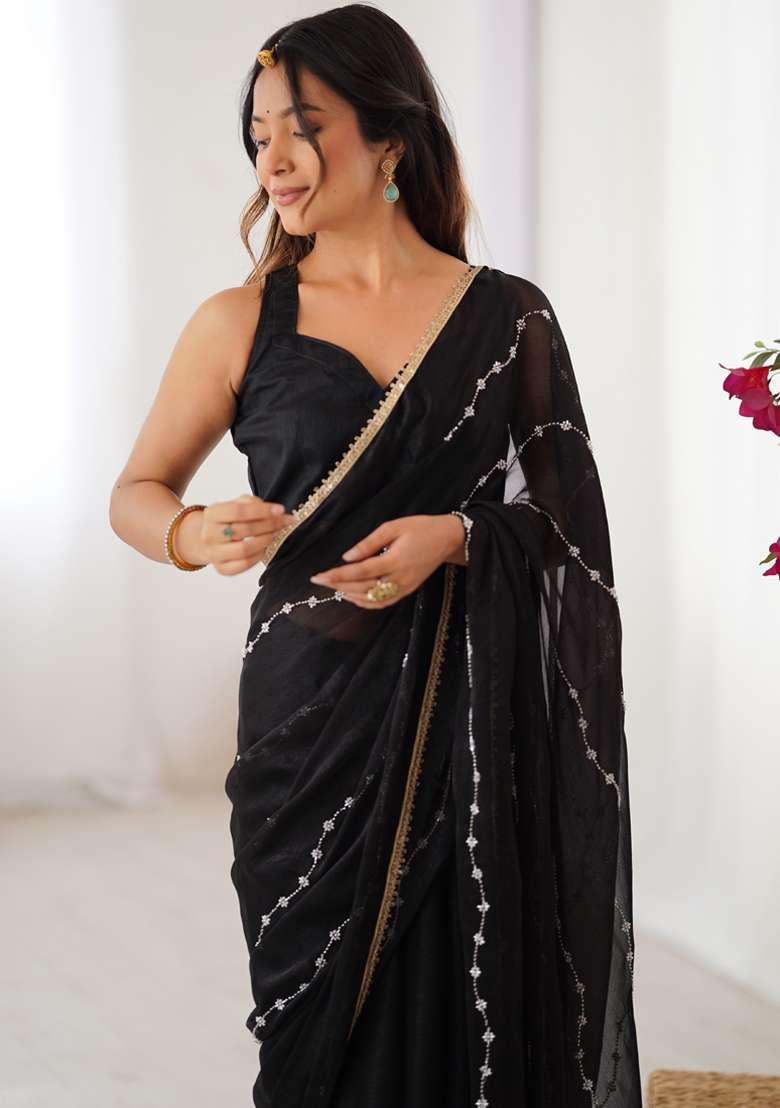 Black Gota Patti Silk Blend Saree Set for Diwali and Festive Wear - Indya