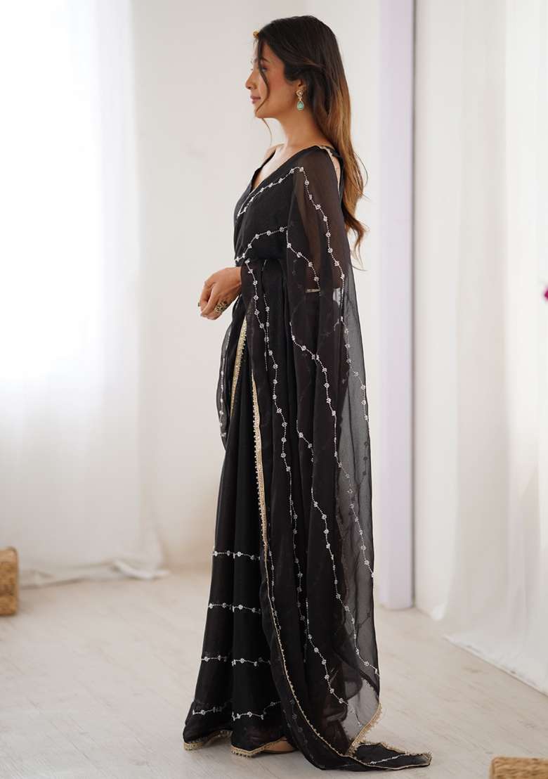 Black Gota Patti Silk Blend Saree Set for Diwali and Festive Wear - Indya