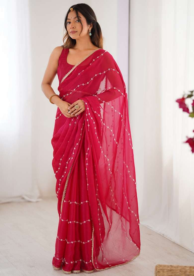 Pink Gota Patti Silk Blend Saree Set for Diwali and Festive Wear - Indya