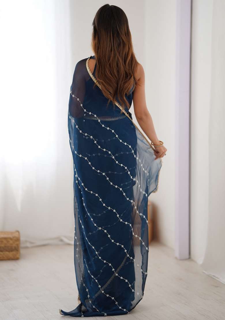 Blue Gota Patti Silk Blend Saree Set for Diwali and Festive Wear - Indya