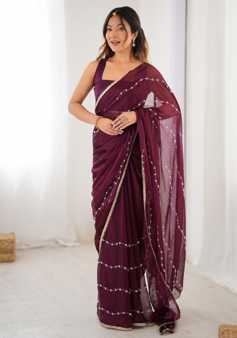 Wine Gota Patti Silk Saree Set