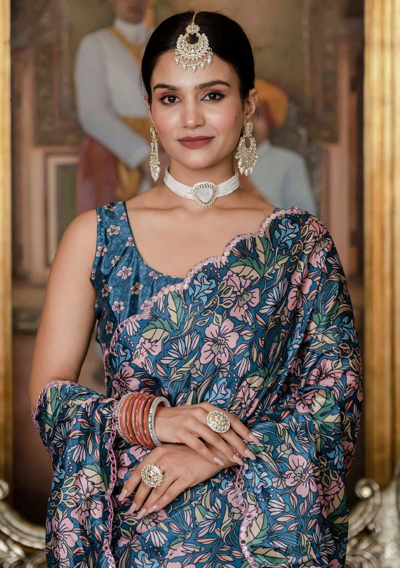 Multicolor Gota Patti Silk Blend Saree Set for Diwali and Festive Wear - Indya
