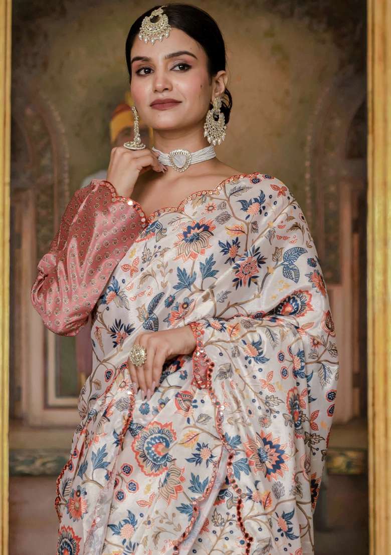 Multicolor Silk Blend Saree Set with Gota Patti for Diwali | Wedding & Festive Wear - Indya