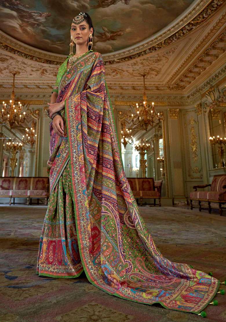 Green Embroidery Viscose Saree Set - Indya