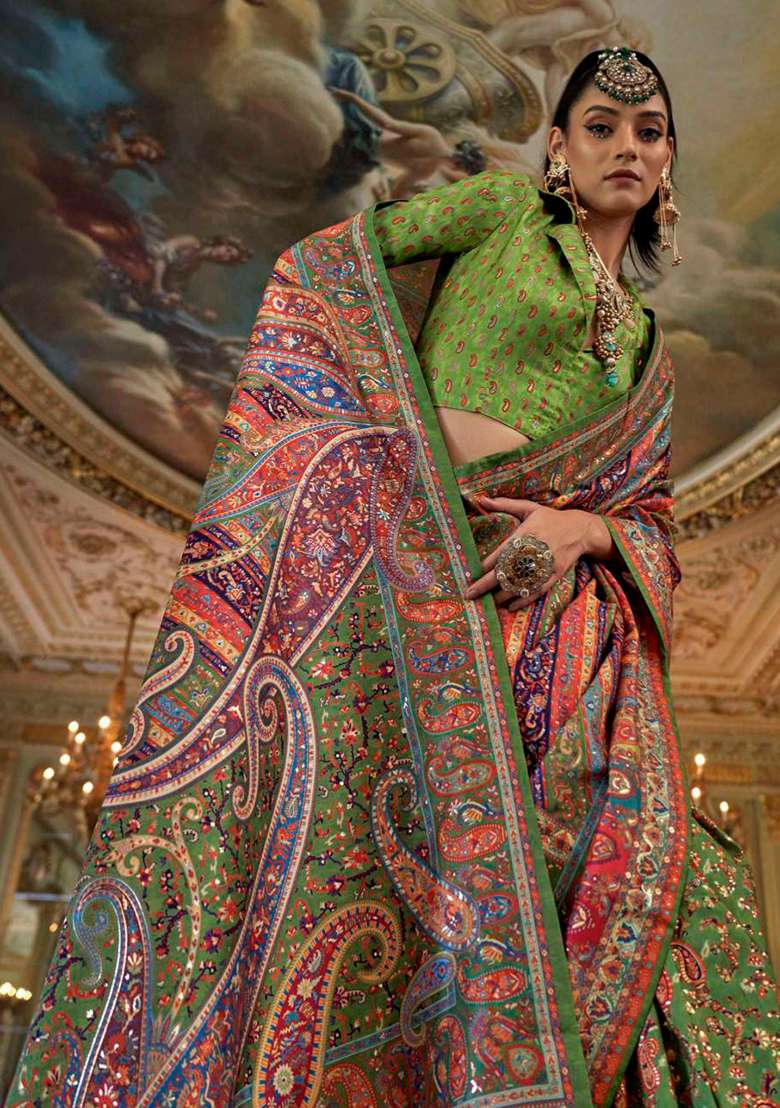 Green Embroidery Viscose Saree Set - Indya