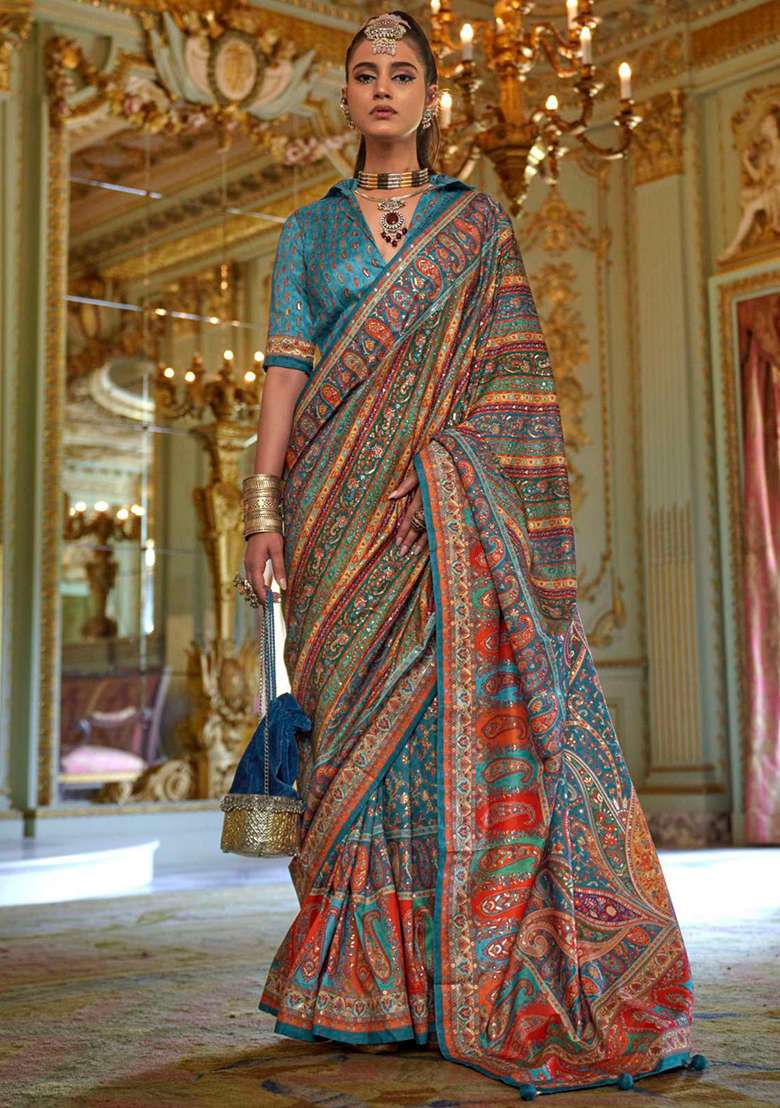 Sky Blue Embroidery Viscose Saree Set - Indya