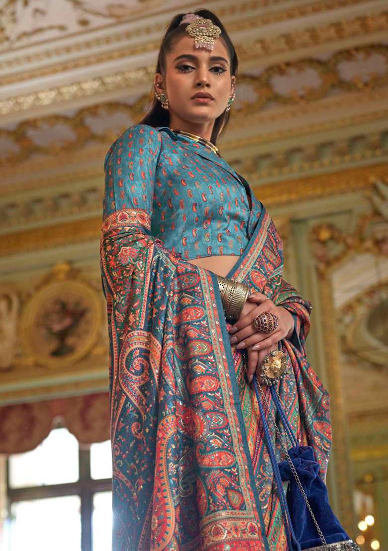 Sky Blue Embroidery Viscose Saree Set - Indya