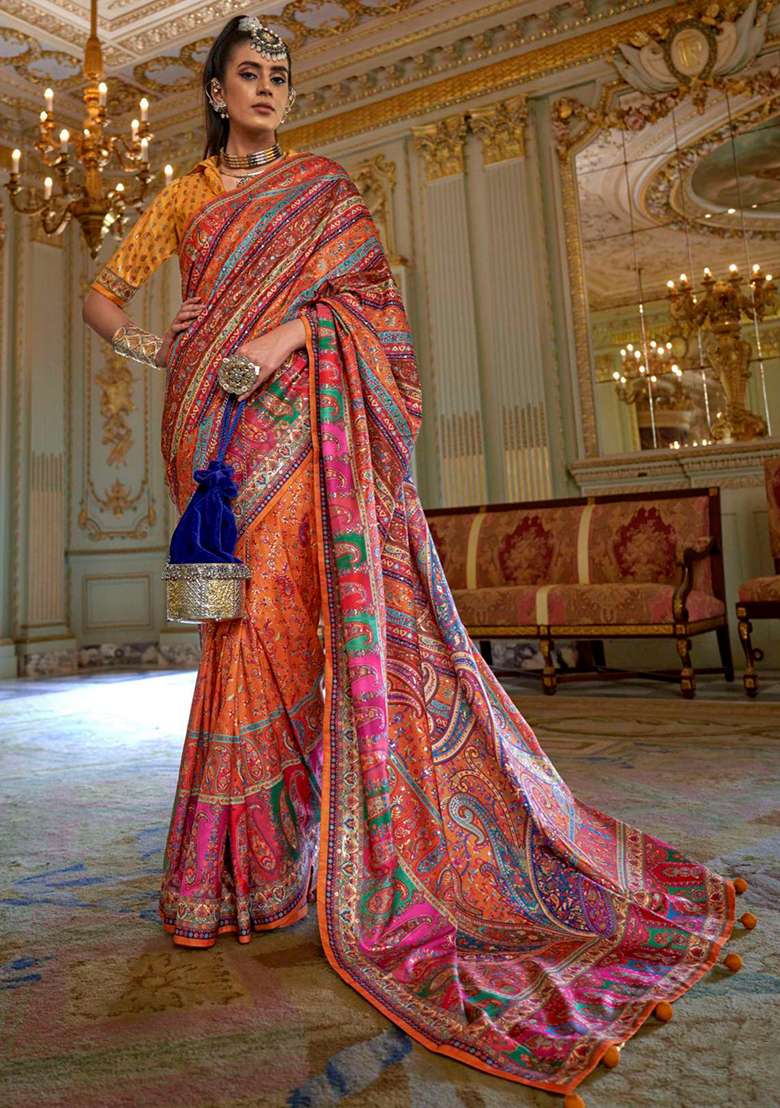 Orange Embroidery Viscose Saree Set - Indya
