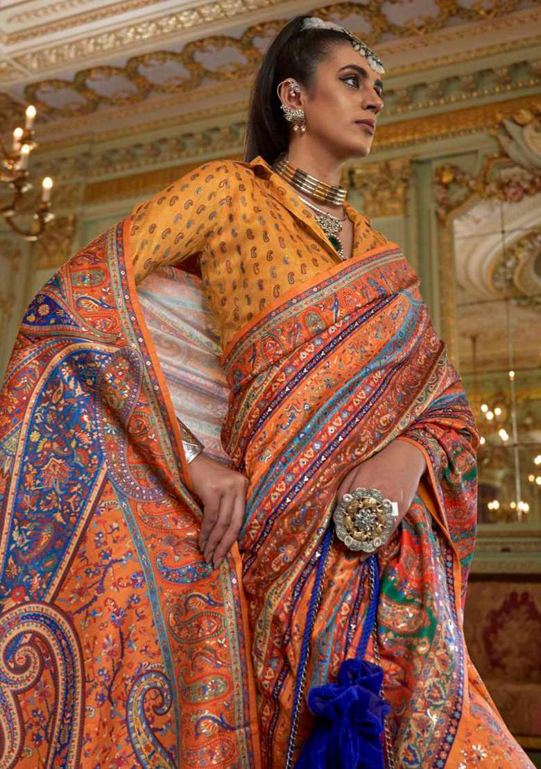 Orange Embroidery Viscose Saree Set - Indya