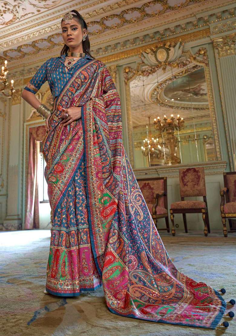 Blue Embroidery Viscose Saree Set - Indya