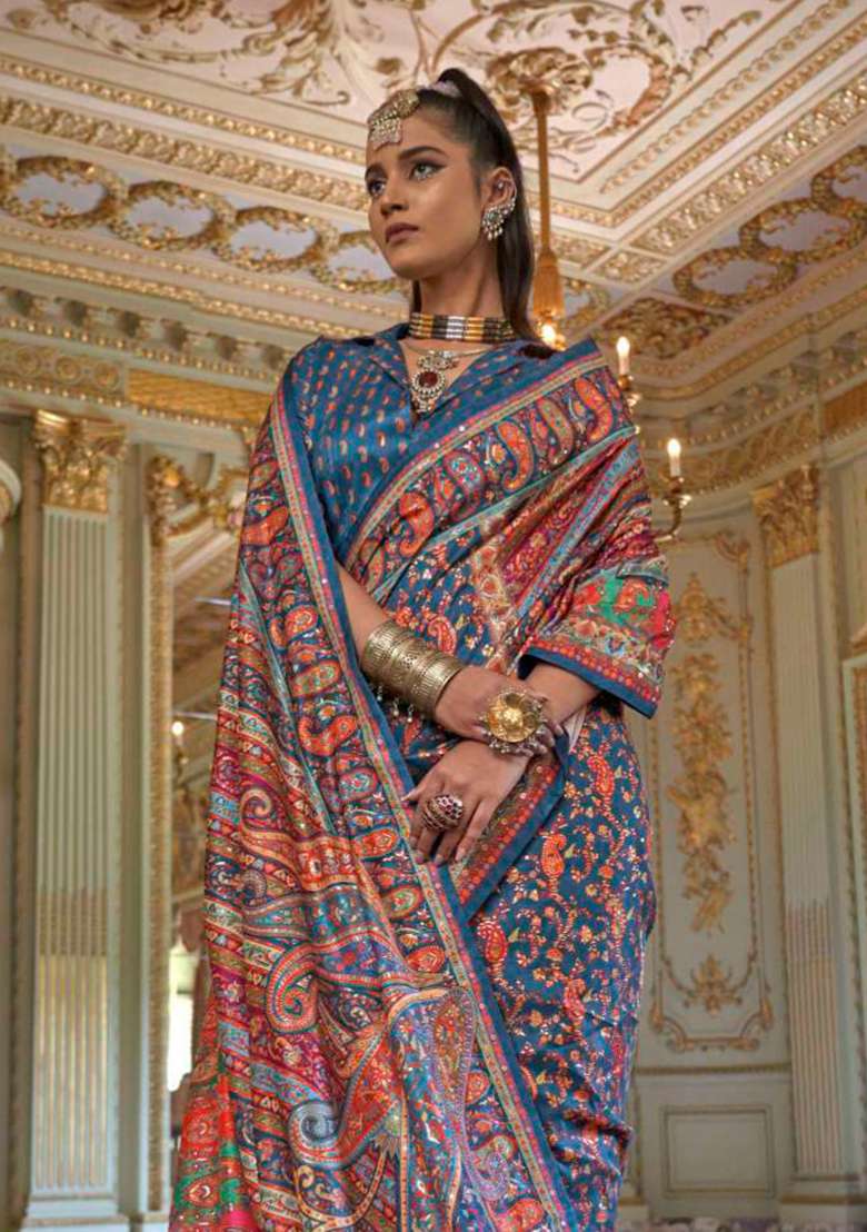 Blue Embroidery Viscose Saree Set - Indya