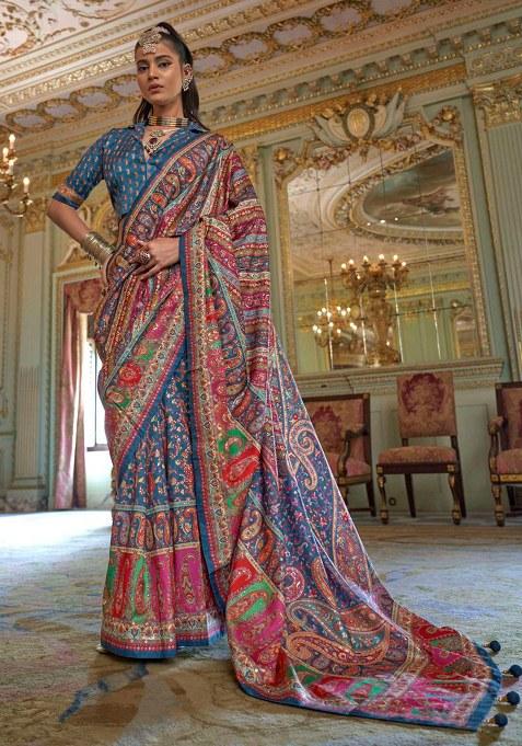 Blue Embroidery Viscose Saree Set