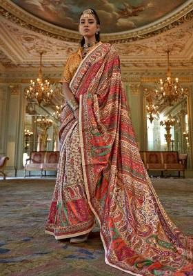 Cream Embroidery Viscose Saree Set