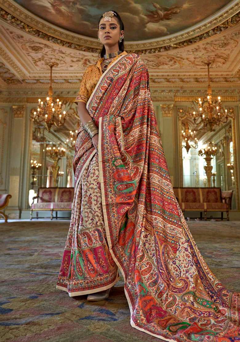 Cream Embroidery Viscose Saree Set - Indya