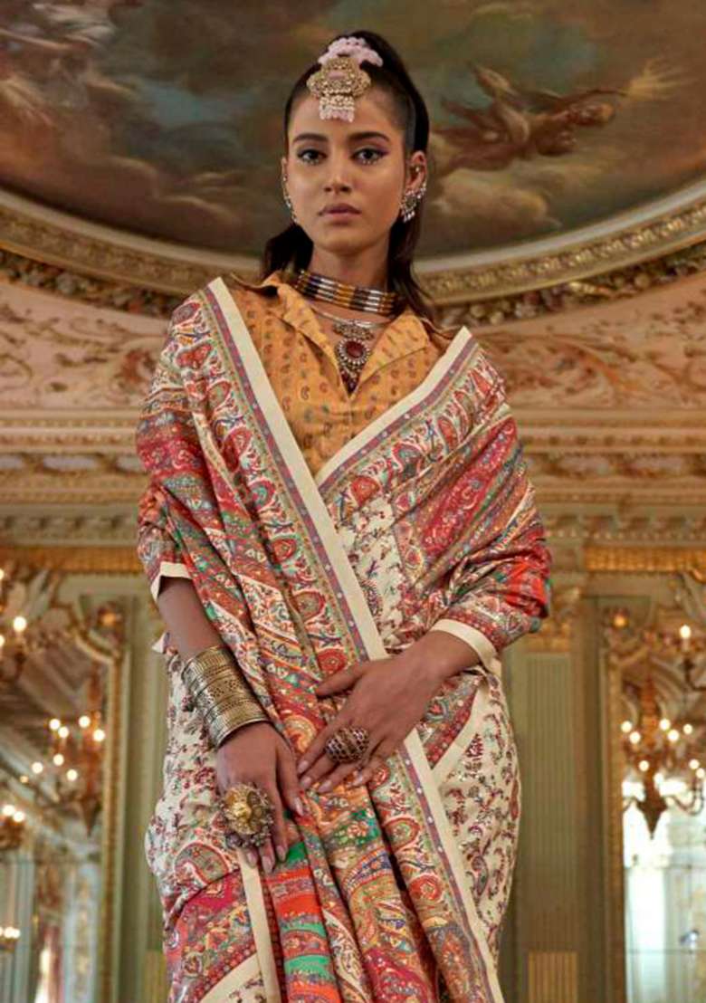 Cream Embroidery Viscose Saree Set - Indya