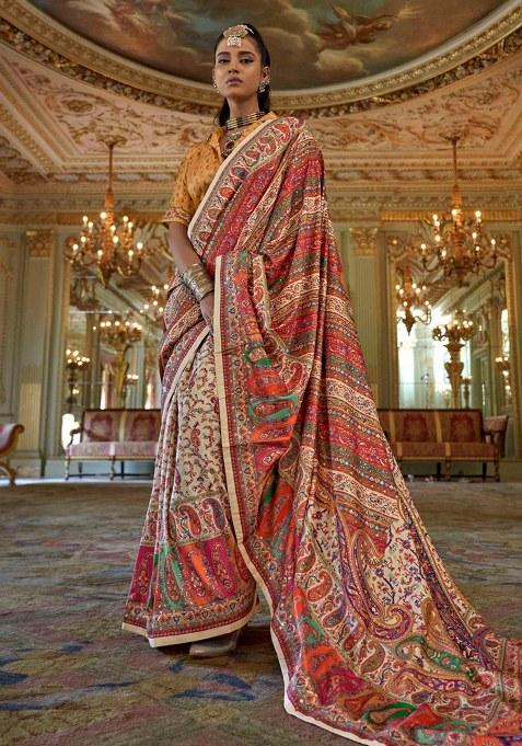 Cream Embroidery Viscose Saree Set