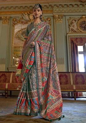 Grey Embroidery Viscose Saree Set