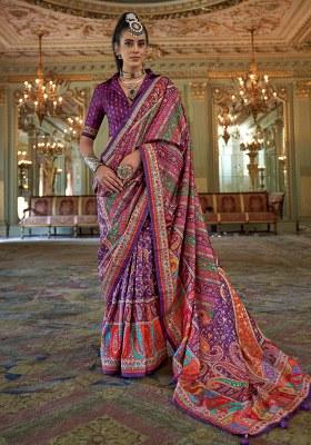 Purple Embroidery Viscose Saree Set
