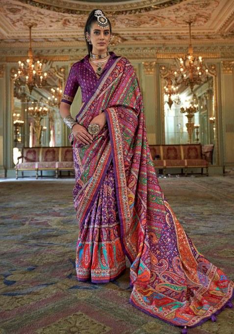 Purple Embroidery Viscose Saree Set