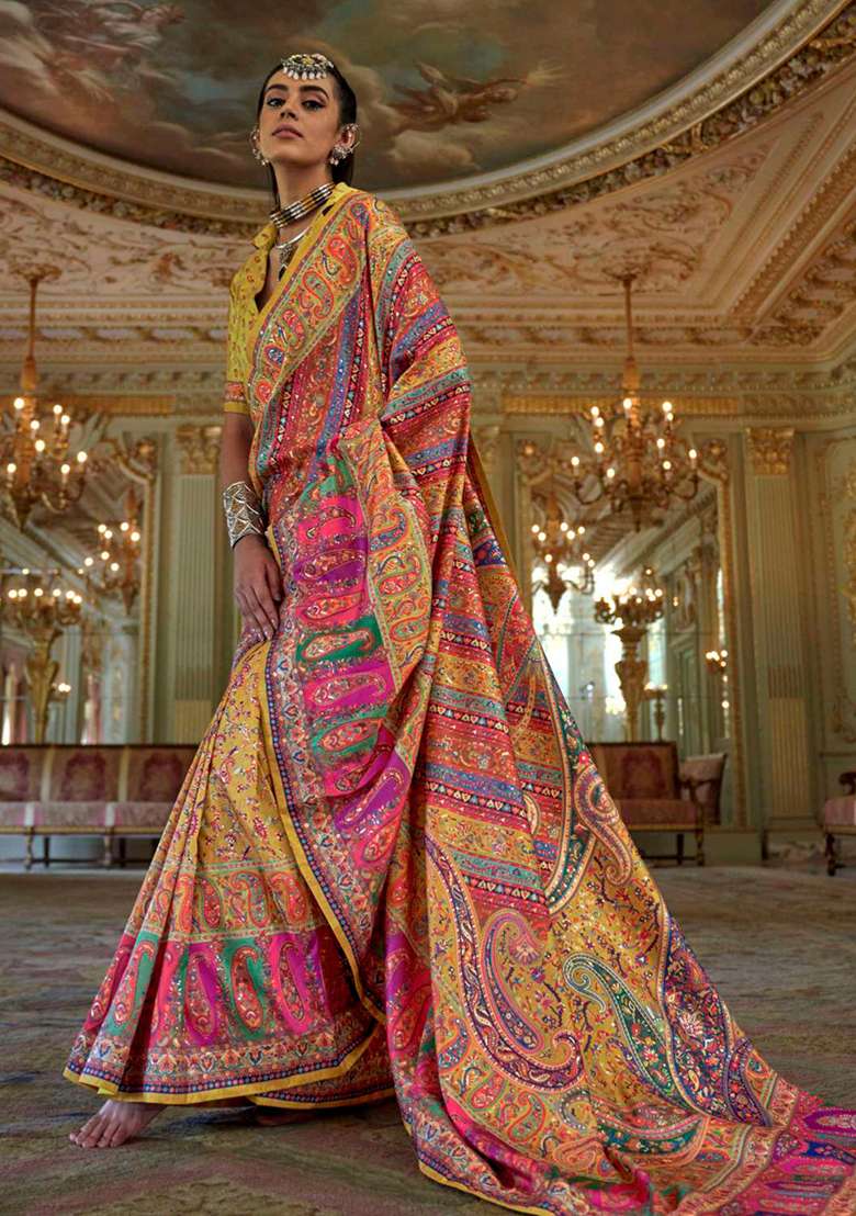 Yellow Embroidery Viscose Saree Set - Indya