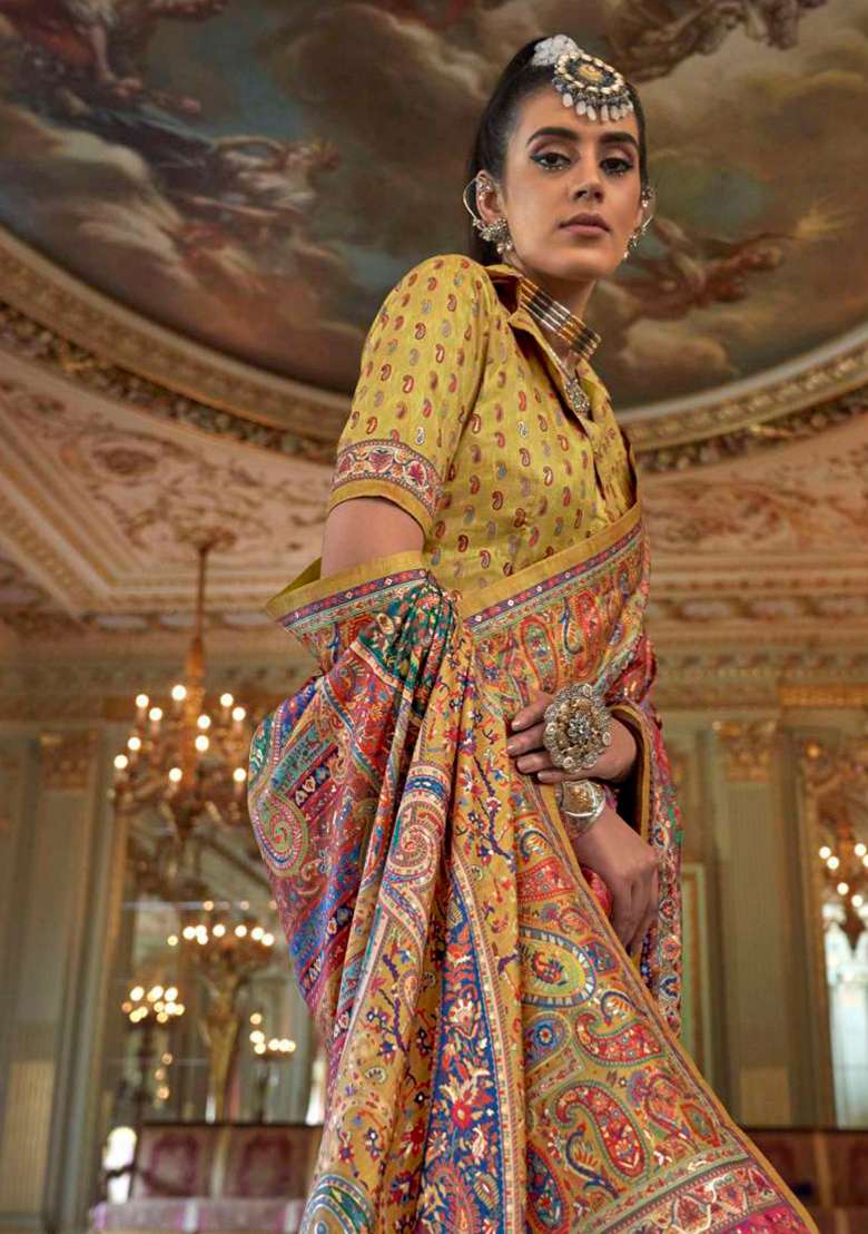 Yellow Embroidery Viscose Saree Set - Indya
