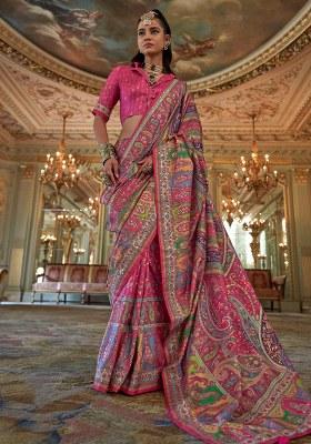 Pink Embroidery Viscose Saree Set