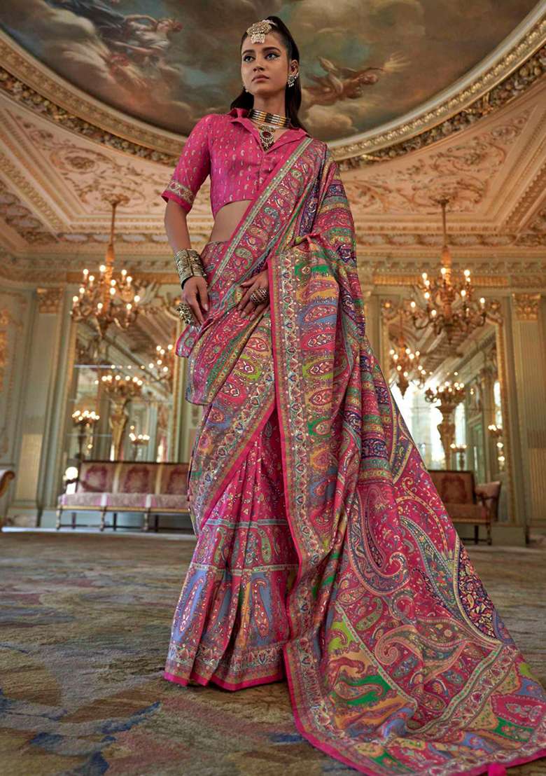 Pink Embroidery Viscose Saree Set - Indya