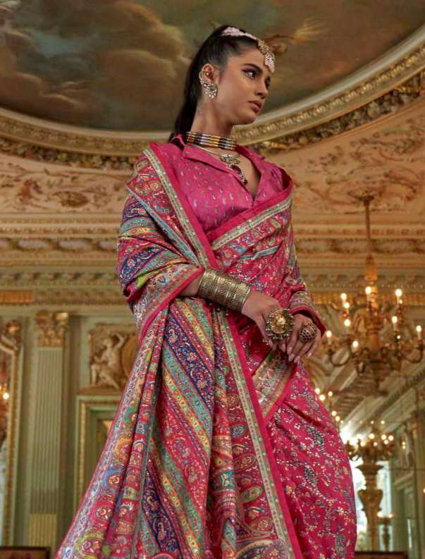 Pink Embroidery Viscose Saree Set - Indya