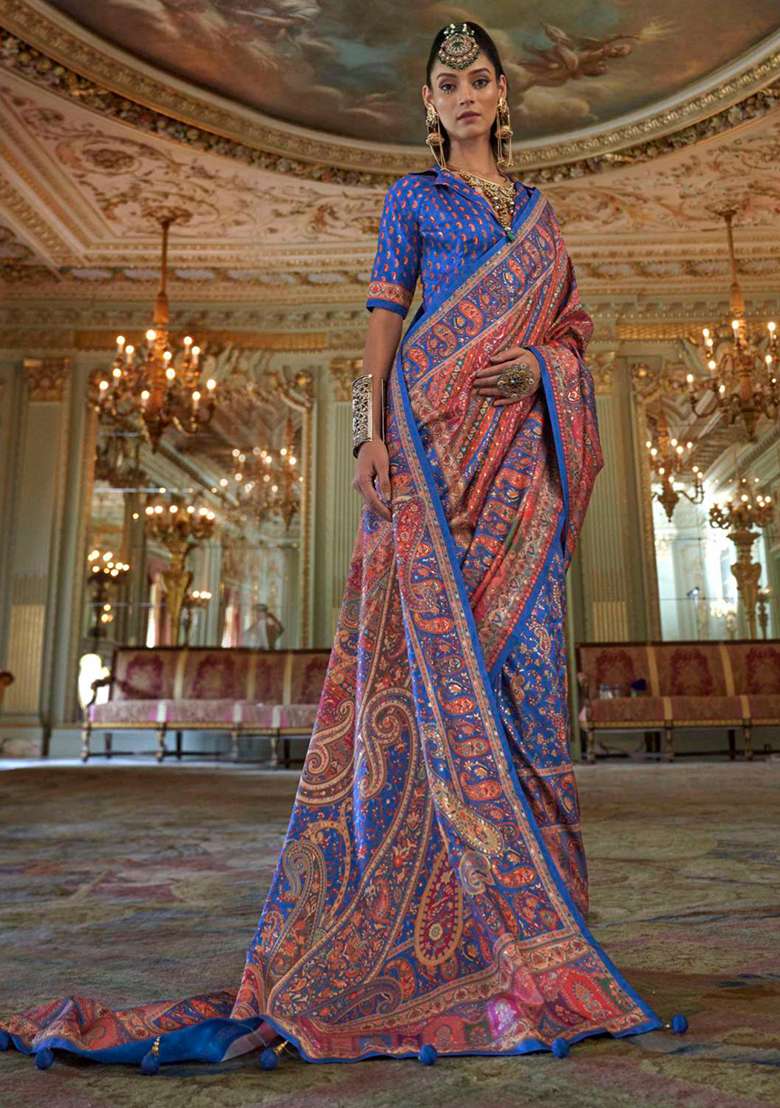 Blue Embroidery Viscose Saree Set - Indya