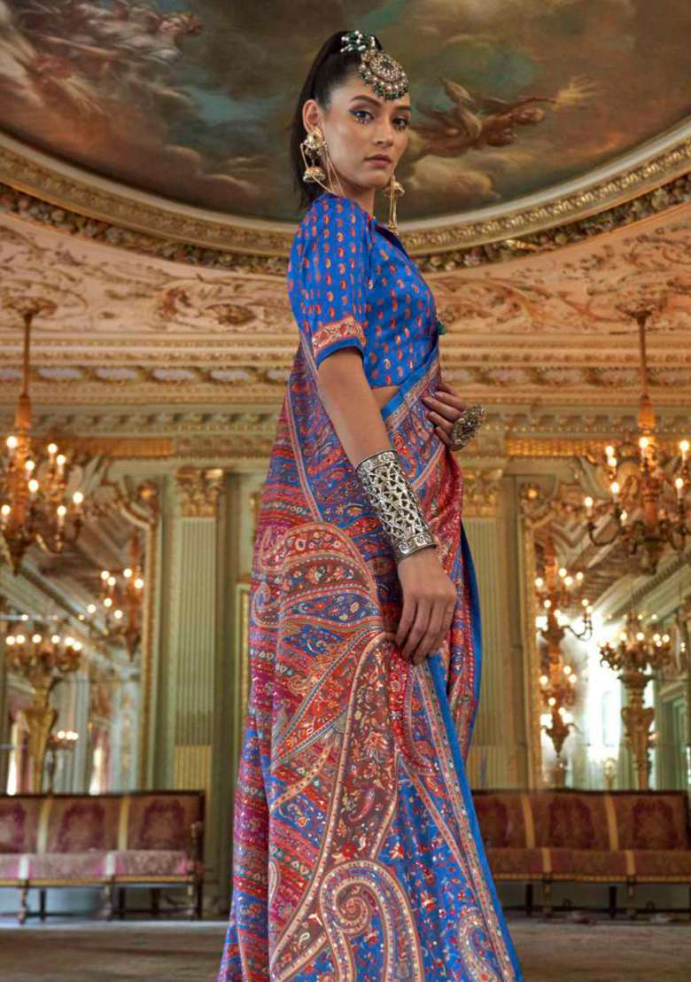 Blue Embroidery Viscose Saree Set - Indya