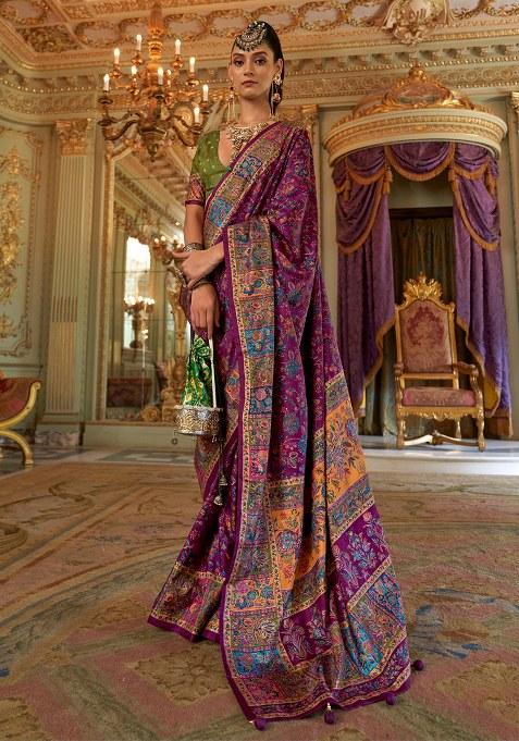 Purple Embroidery Viscose Saree Set