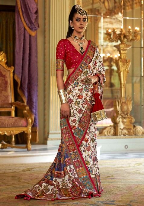 White Embroidery Viscose Saree Set