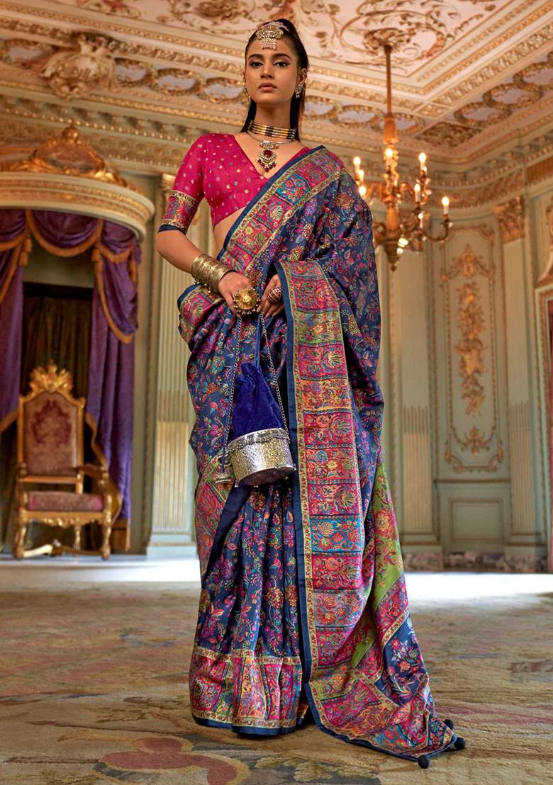 Blue Embroidery Viscose Saree Set - Indya